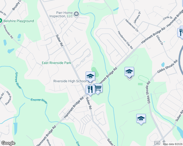 map of restaurants, bars, coffee shops, grocery stores, and more near 1300 South Suber Road in Greer
