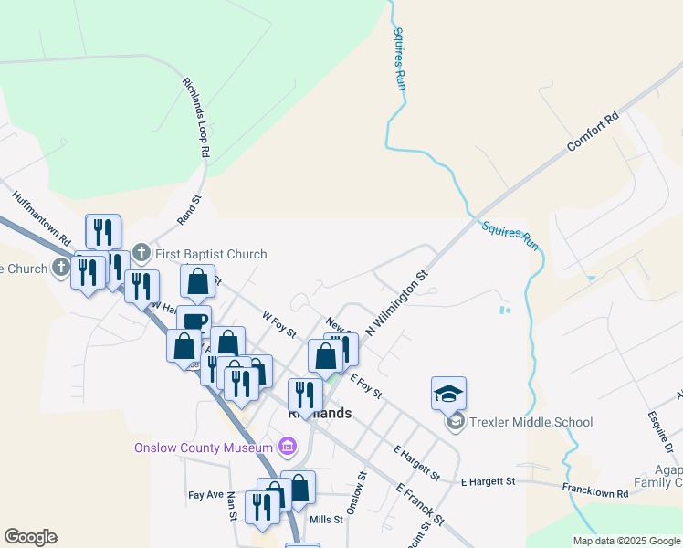 map of restaurants, bars, coffee shops, grocery stores, and more near 134 Brookhaven Drive in Richlands