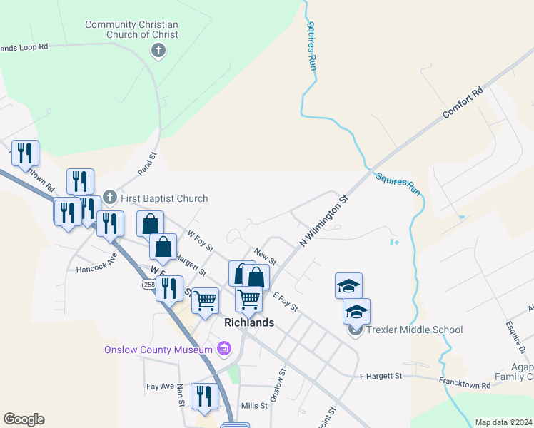map of restaurants, bars, coffee shops, grocery stores, and more near 134 Brookhaven Drive in Richlands
