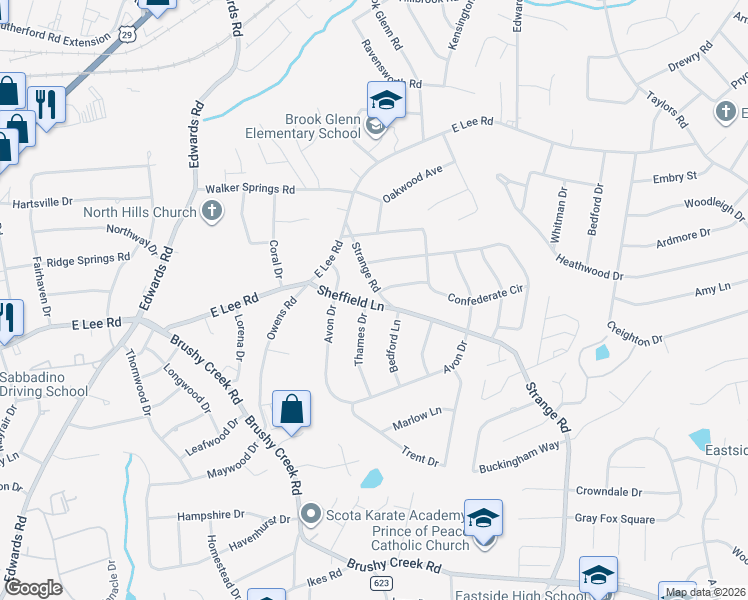 map of restaurants, bars, coffee shops, grocery stores, and more near 105 Sheffield Lane in Taylors