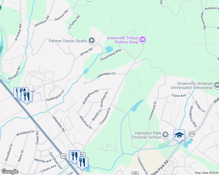 map of restaurants, bars, coffee shops, grocery stores, and more near 203 Wallingford Road in Greenville