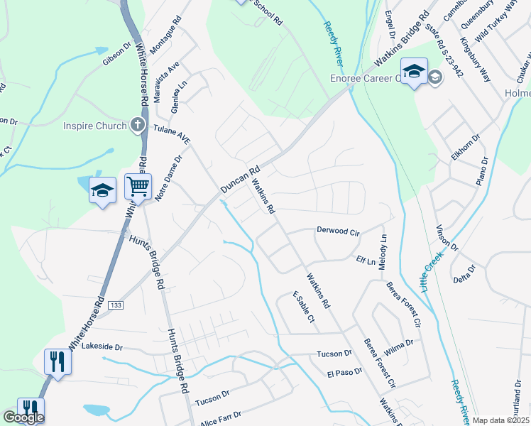 map of restaurants, bars, coffee shops, grocery stores, and more near 903 Watkins Road in Greenville