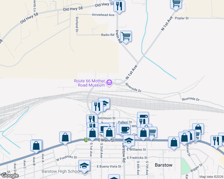 map of restaurants, bars, coffee shops, grocery stores, and more near 685 North 1st Avenue in Barstow