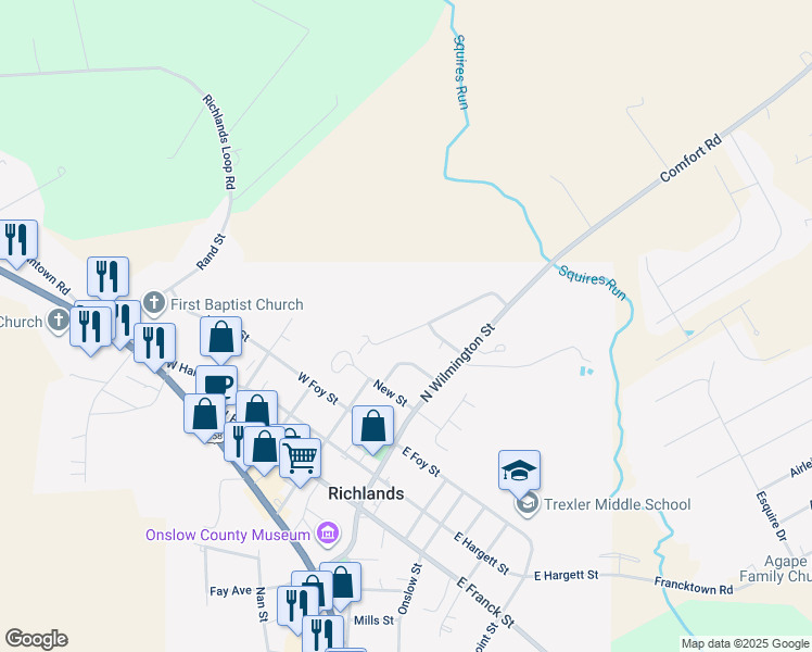 map of restaurants, bars, coffee shops, grocery stores, and more near 130 Brookhaven Drive in Richlands