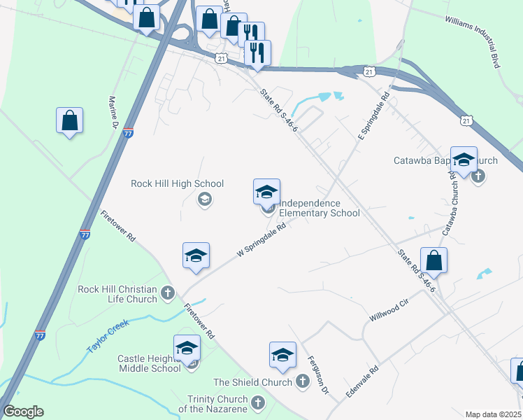 map of restaurants, bars, coffee shops, grocery stores, and more near 132 West Springdale Road in Rock Hill