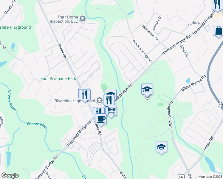 map of restaurants, bars, coffee shops, grocery stores, and more near 1300 South Suber Road in Greer