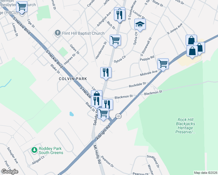 map of restaurants, bars, coffee shops, grocery stores, and more near 721 Rockdale Street in Rock Hill
