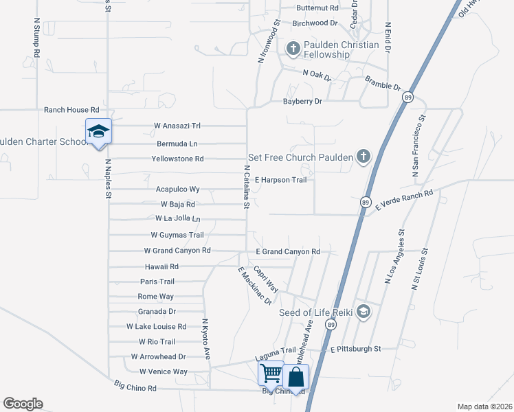 map of restaurants, bars, coffee shops, grocery stores, and more near 24645 North Catalina Street in Paulden
