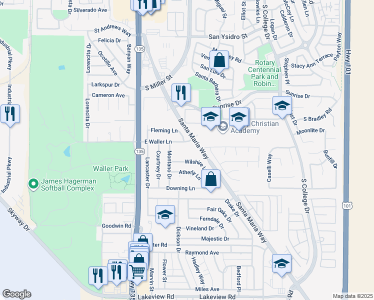 map of restaurants, bars, coffee shops, grocery stores, and more near 400 East Waller Lane in Santa Maria
