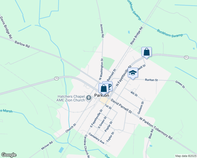 map of restaurants, bars, coffee shops, grocery stores, and more near 67 3rd Street in Parkton