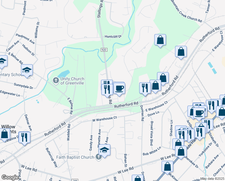 map of restaurants, bars, coffee shops, grocery stores, and more near 102 Greenview Circle in Greenville