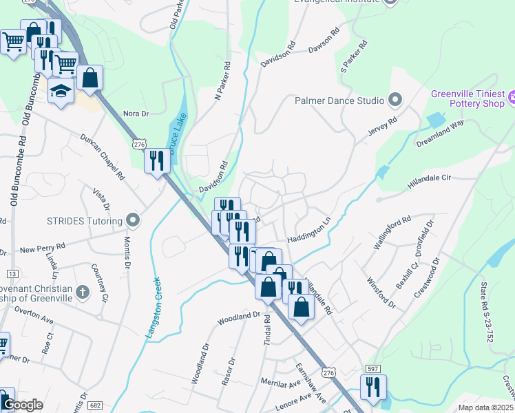 map of restaurants, bars, coffee shops, grocery stores, and more near 101 Enclave Paris Drive in Greenville