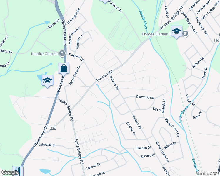 map of restaurants, bars, coffee shops, grocery stores, and more near 903 Watkins Road in Greenville