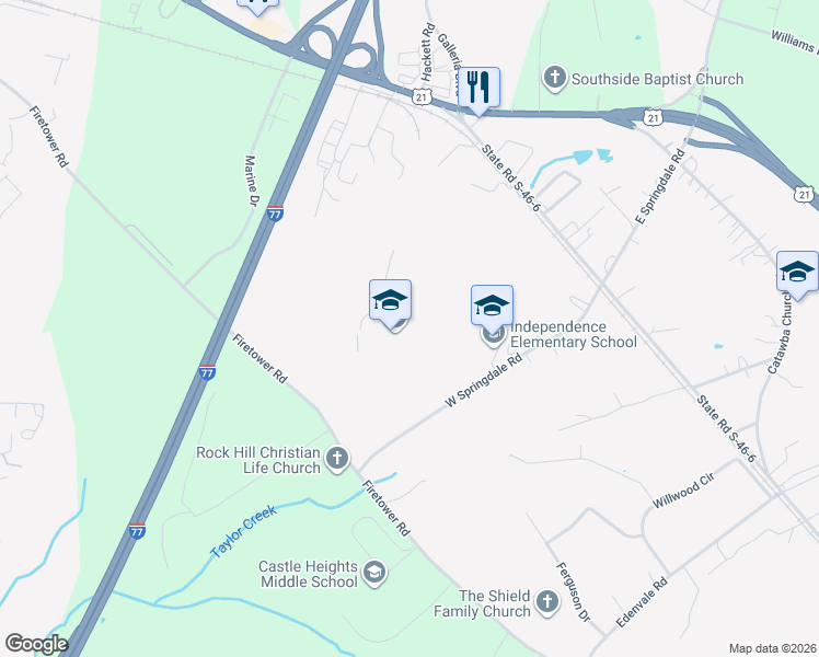 map of restaurants, bars, coffee shops, grocery stores, and more near 320 West Springdale Road in Rock Hill