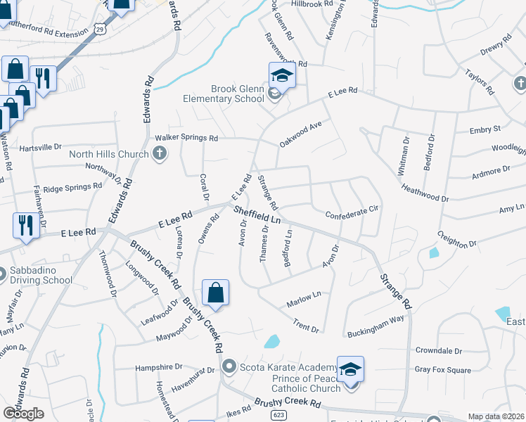 map of restaurants, bars, coffee shops, grocery stores, and more near 105 Sheffield Lane in Taylors