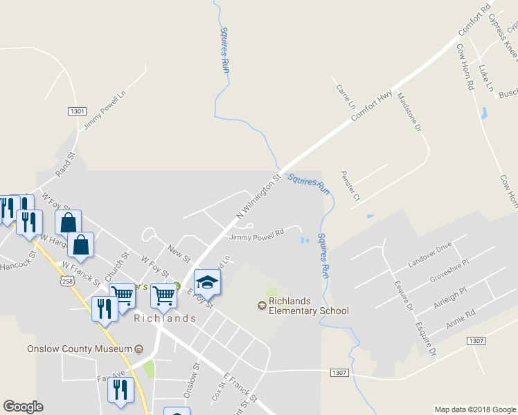 map of restaurants, bars, coffee shops, grocery stores, and more near 406 Wilmington Street in Richlands