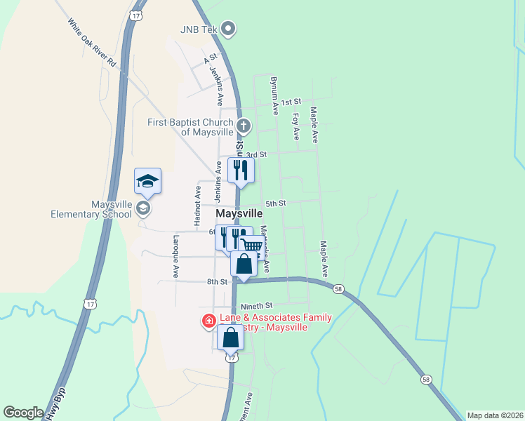 map of restaurants, bars, coffee shops, grocery stores, and more near 502 Mattocks Avenue in Maysville