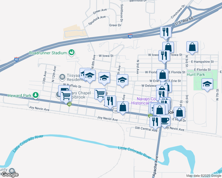 map of restaurants, bars, coffee shops, grocery stores, and more near 610 West Buffalo Street in Holbrook