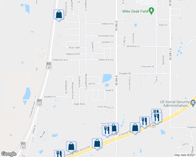map of restaurants, bars, coffee shops, grocery stores, and more near 1903 Swan Lane in McAlester