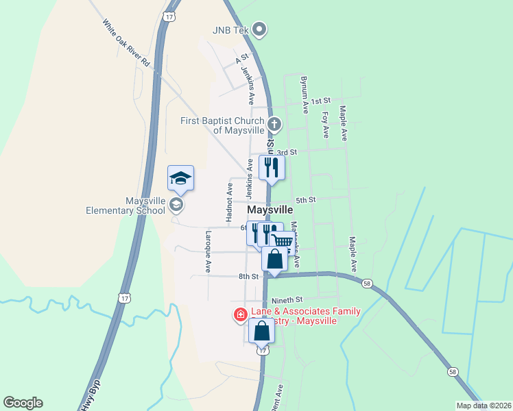 map of restaurants, bars, coffee shops, grocery stores, and more near 5 TH Street in Maysville