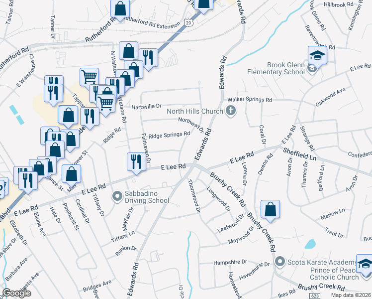 map of restaurants, bars, coffee shops, grocery stores, and more near 101 South Orchard Drive in Taylors