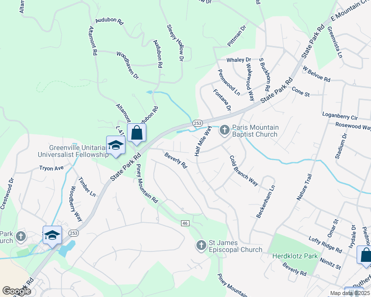 map of restaurants, bars, coffee shops, grocery stores, and more near 2051 Old Mountain Creek Road in Greenville