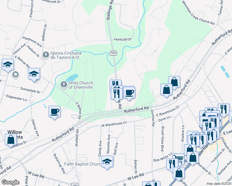 map of restaurants, bars, coffee shops, grocery stores, and more near 1304 County Road 920 in Taylors