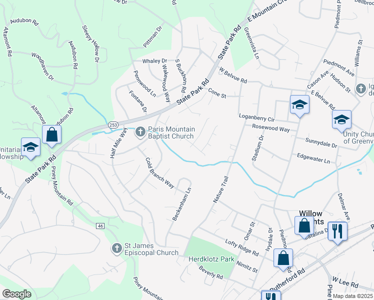 map of restaurants, bars, coffee shops, grocery stores, and more near 6 Laurel Fork Court in Greenville