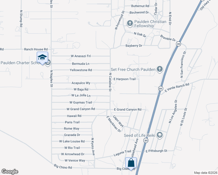 map of restaurants, bars, coffee shops, grocery stores, and more near 24645 North Catalina Street in Paulden
