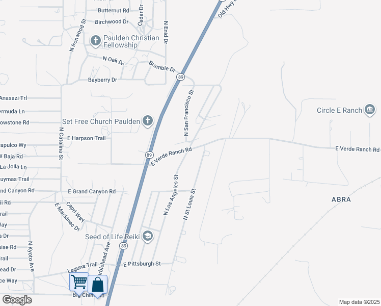 map of restaurants, bars, coffee shops, grocery stores, and more near 24625 North Los Angeles Street in Paulden