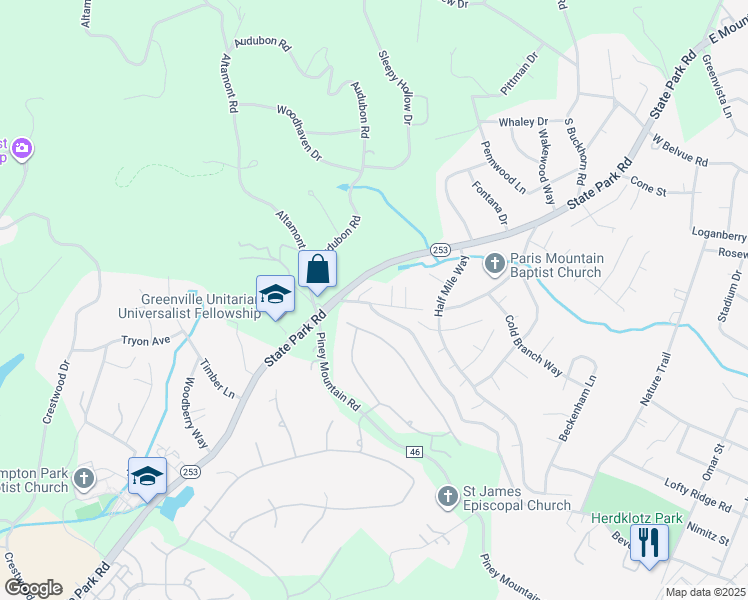 map of restaurants, bars, coffee shops, grocery stores, and more near 1909 Old Mountain Creek Road in Greenville