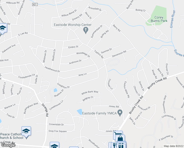 map of restaurants, bars, coffee shops, grocery stores, and more near 36 Amy Lane in Taylors