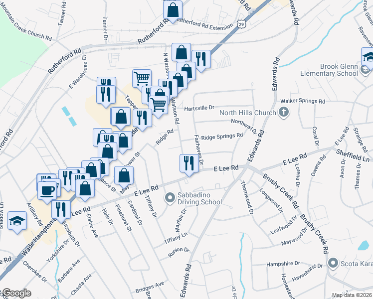 map of restaurants, bars, coffee shops, grocery stores, and more near 302 South Watson Road in Taylors
