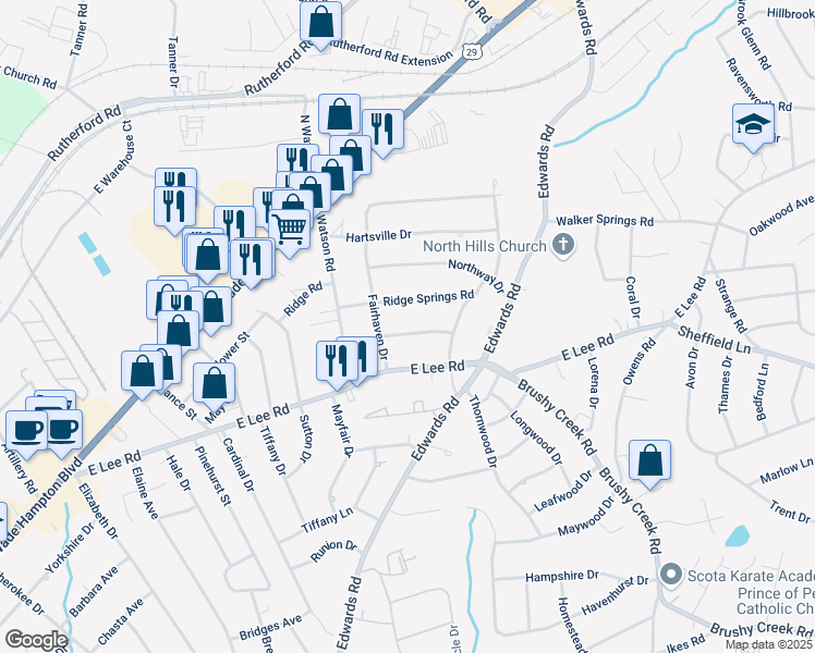map of restaurants, bars, coffee shops, grocery stores, and more near 3 Clingstone Drive in Taylors
