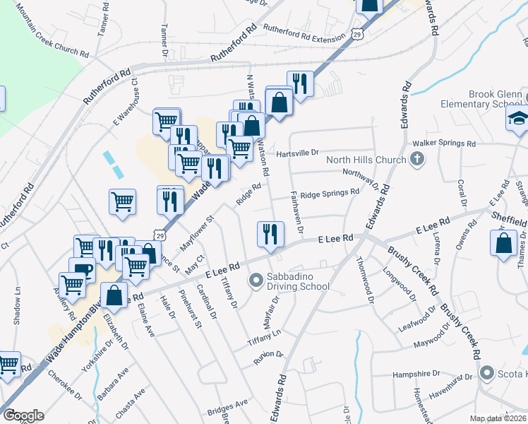 map of restaurants, bars, coffee shops, grocery stores, and more near 302 Watson Road in Taylors