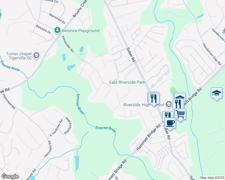 map of restaurants, bars, coffee shops, grocery stores, and more near 19 Killarney Lane in Greer