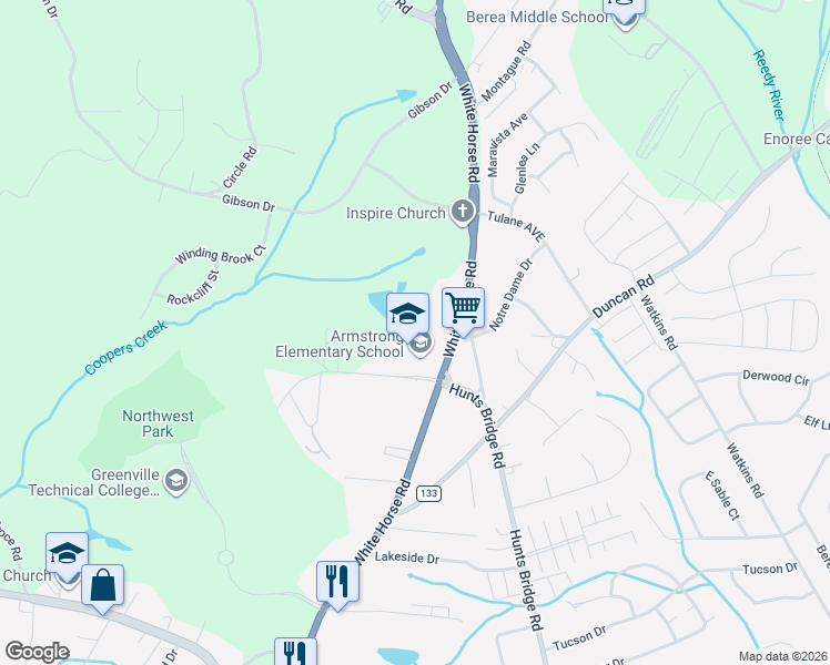 map of restaurants, bars, coffee shops, grocery stores, and more near 8601 White Horse Road in Greenville