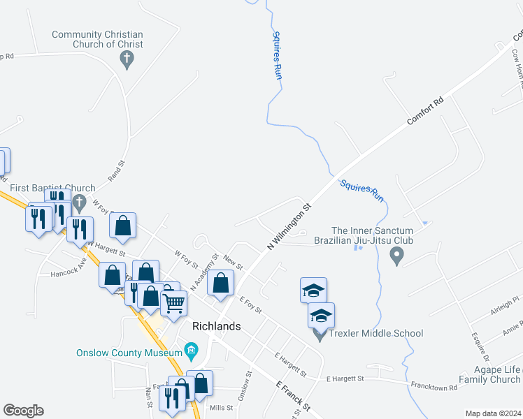 map of restaurants, bars, coffee shops, grocery stores, and more near 120 Brookhaven Drive in Richlands