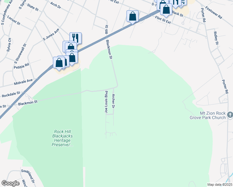 map of restaurants, bars, coffee shops, grocery stores, and more near 1025 Archer Drive in Rock Hill