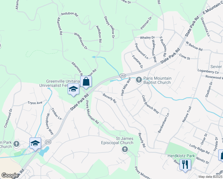 map of restaurants, bars, coffee shops, grocery stores, and more near 2051 Old Mountain Creek Road in Greenville