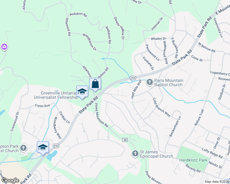 map of restaurants, bars, coffee shops, grocery stores, and more near 1909 Old Mountain Creek Road in Greenville