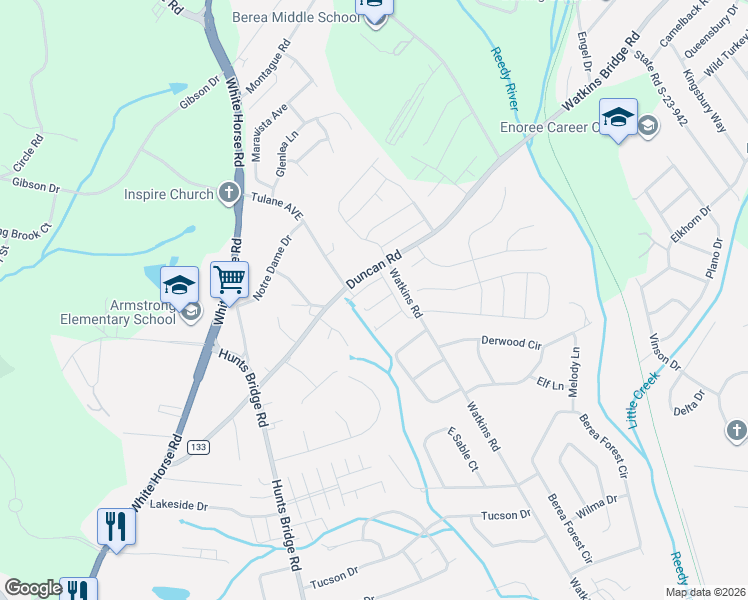map of restaurants, bars, coffee shops, grocery stores, and more near 538 Duncan Road in Greenville