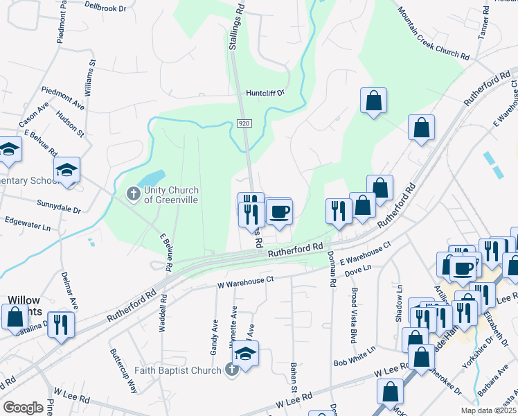 map of restaurants, bars, coffee shops, grocery stores, and more near 102 Greenview Circle in Greenville