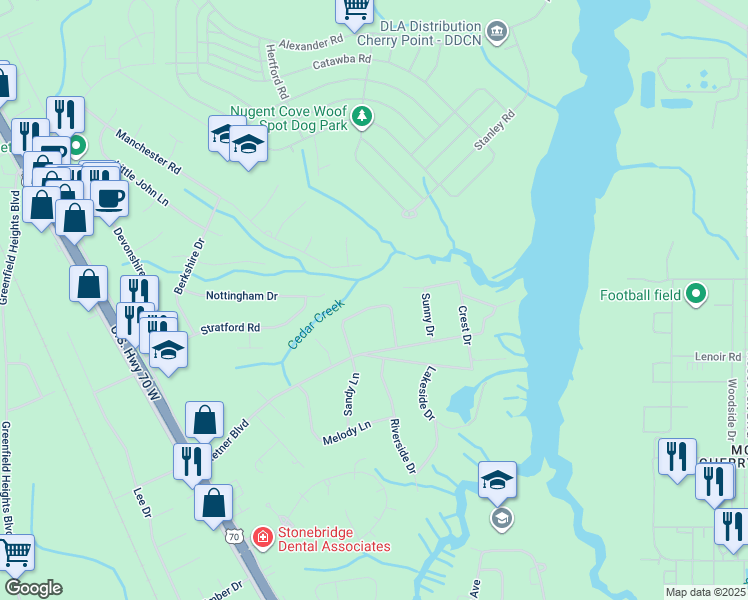 map of restaurants, bars, coffee shops, grocery stores, and more near 115 Paradise Circle in Havelock