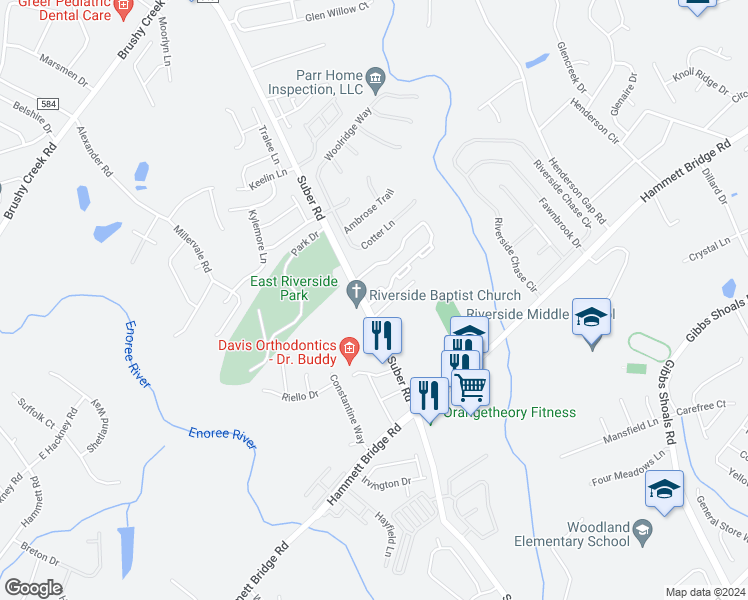map of restaurants, bars, coffee shops, grocery stores, and more near 3 Spring Crossing Circle in Greer