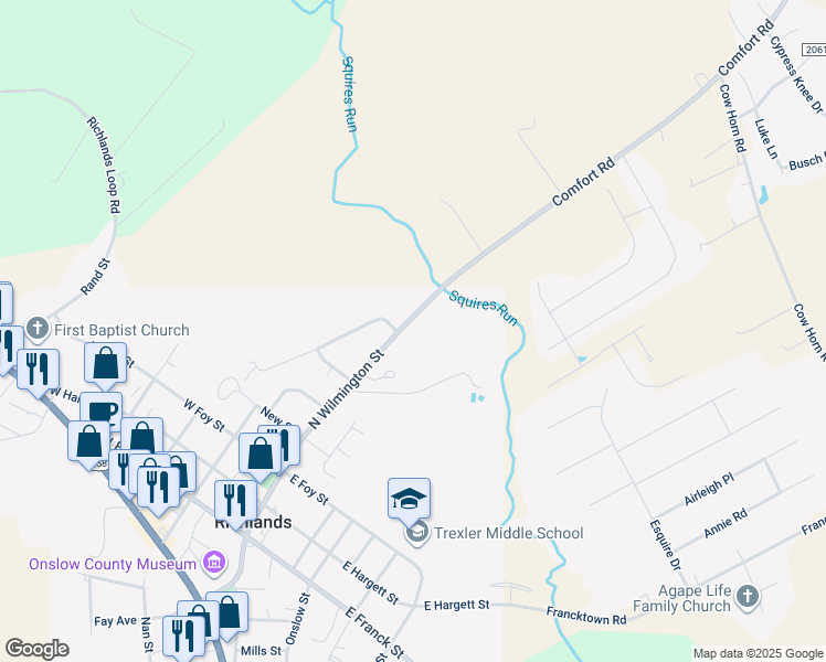 map of restaurants, bars, coffee shops, grocery stores, and more near 410 North Wilmington Street in Richlands