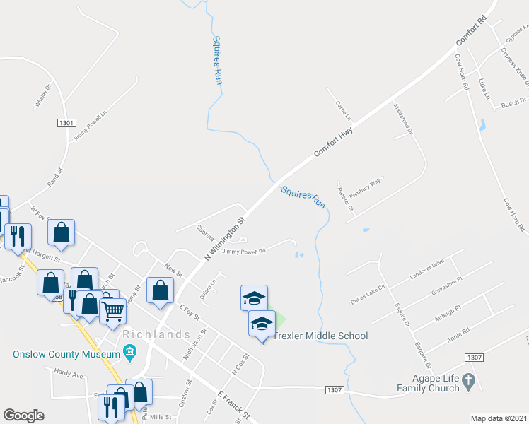 map of restaurants, bars, coffee shops, grocery stores, and more near 412 Wilmington Street in Richlands
