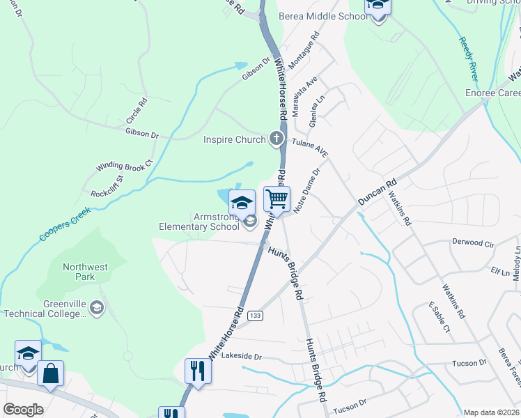 map of restaurants, bars, coffee shops, grocery stores, and more near 8601 White Horse Road in Greenville