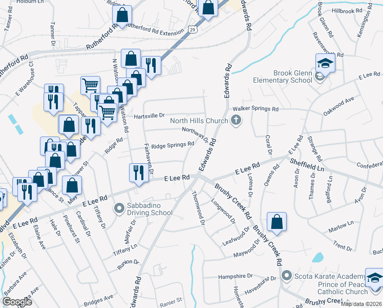 map of restaurants, bars, coffee shops, grocery stores, and more near 101 South Orchard Drive in Taylors