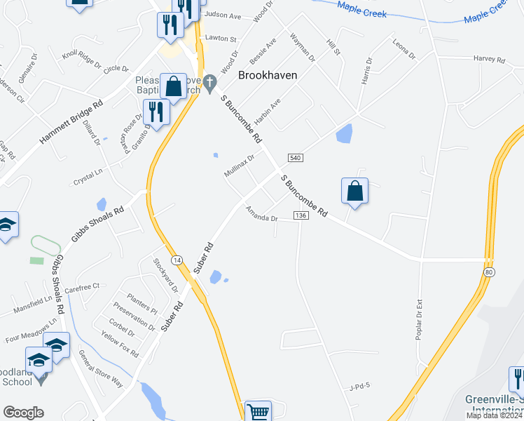 map of restaurants, bars, coffee shops, grocery stores, and more near 204 Bobby Avenue in Greer